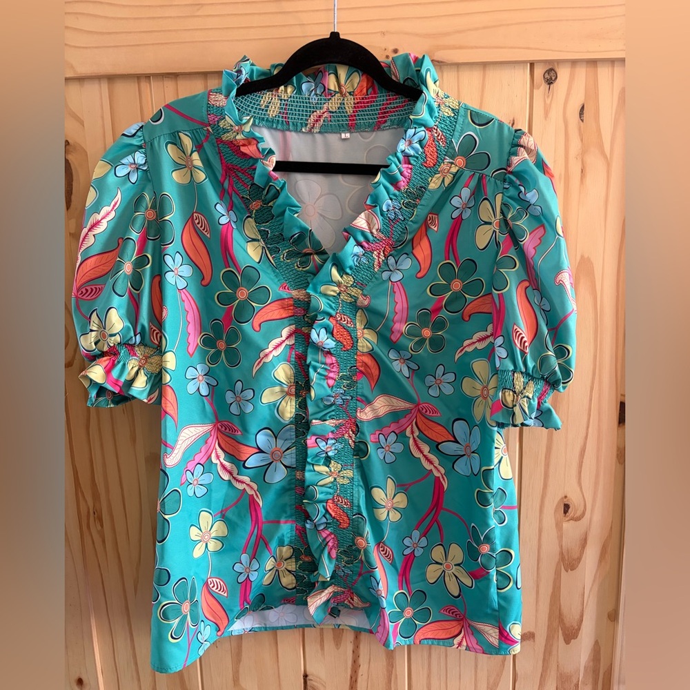 Bright Teal Floral Ruffle V-Neck Top